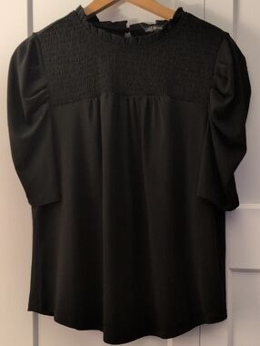 Adrianna Papell Black Smocked-Yoke Puff Sleeve Blouse